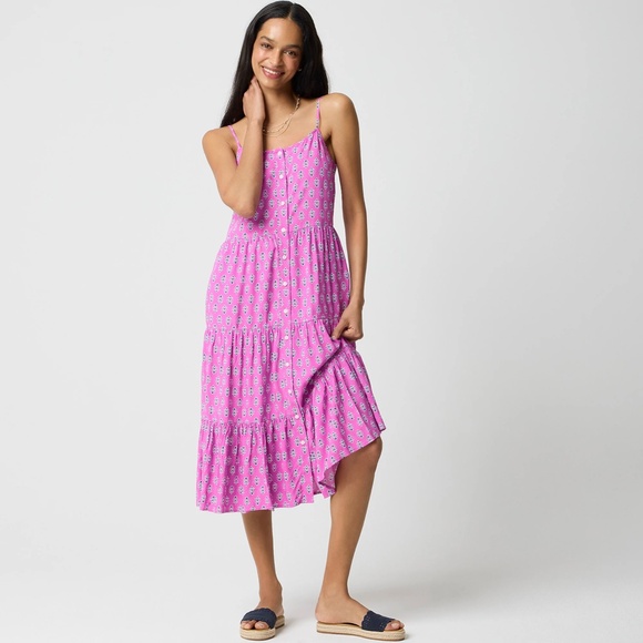 New JCREW Size 4 Strappy Tiered Midi Dress in Festive Pink Baltic Blu $118 CK847 - Picture 2 of 5